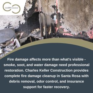 Close-up of fire-damaged interior walls with peeling paint and charring, illustrating the extent of smoke, soot, and water damage that requires professional fire damage cleanup and restoration in Santa Rosa.