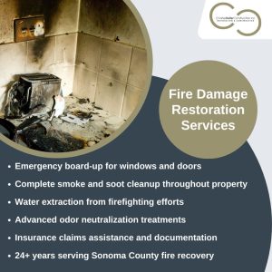 Fire damage restoration services including emergency board-up, smoke and soot cleanup, water extraction, odor neutralization, and insurance claims assistance in Sonoma County.